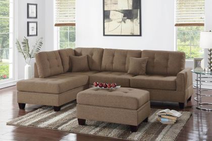 Modern Coffee Color 3pcs Sectional Living Room Furniture Reversible Chaise Sofa And Ottoman Tufted Polyfiber Linen Like Fabric Cushion Couch Pillows