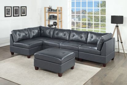 Contemporary Genuine Leather Black Tufted 6pc Modular Sectional Set 2x Corner Wedge 3x Armless Chair 1x Ottoman Living Room Furniture Sofa Couch