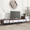 U-Can 3 Piece TV Stand set, 1 TV Stand and 2 End Tables with Drawers and Embossed Patterns for Living Room, Brown+White