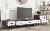 U-Can 3 Piece TV Stand set, 1 TV Stand and 2 End Tables with Drawers and Embossed Patterns for Living Room, Brown+White