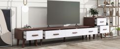 U-Can 3 Piece TV Stand set, 1 TV Stand and 2 End Tables with Drawers and Embossed Patterns for Living Room, Brown+White