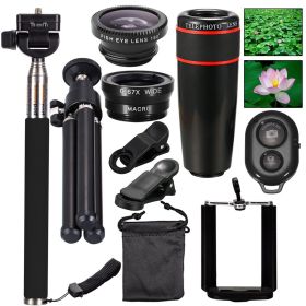 Telephoto Lens 3-in-1 Fisheye Wide-angle Macro Telescopic Lens Selfie Stick (Option: 8X Black)